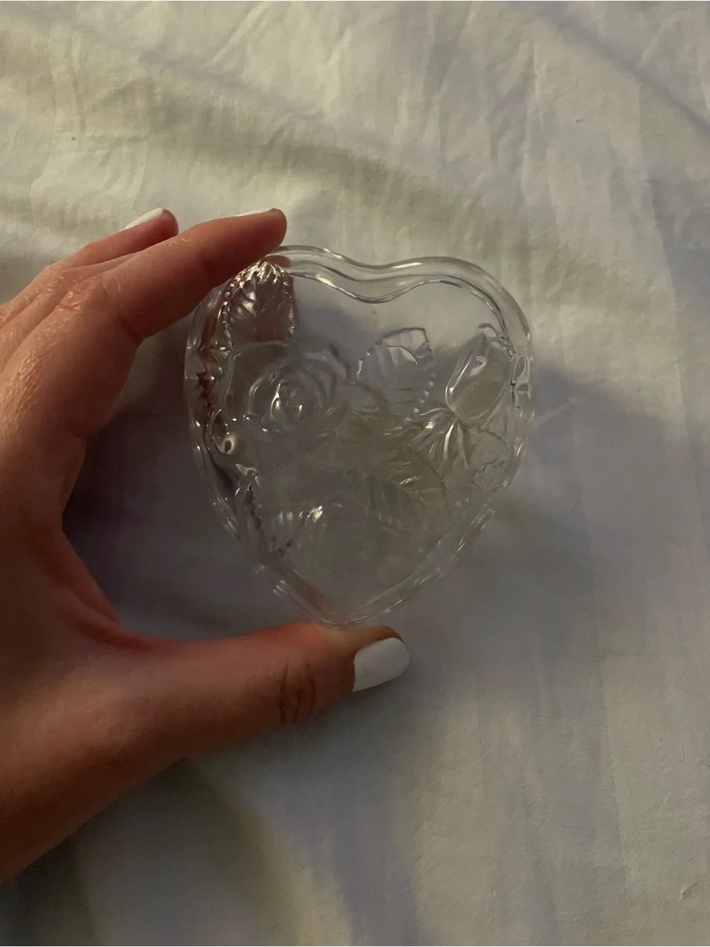 Vintage 90s Clear Glass Heart Trinket Dish with Rose Motif